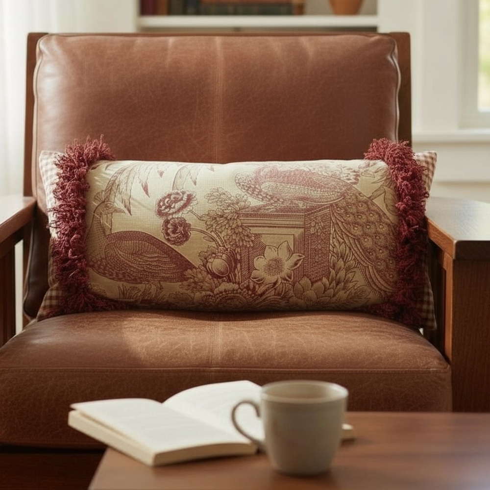Burgundy Red Toile Long Pillow Fringe Gingham Trim French Country Moody